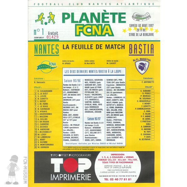 1997-98 01ère j Nantes Bastia (Programme)