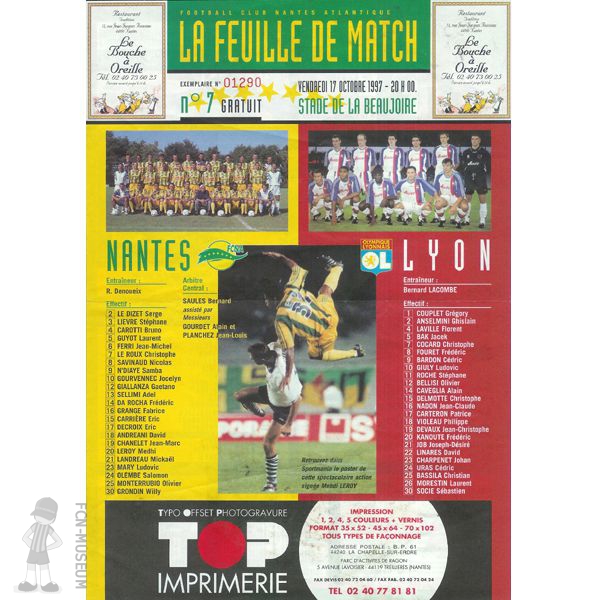 1997-98 12ème j Nantes Lyon (Programme)