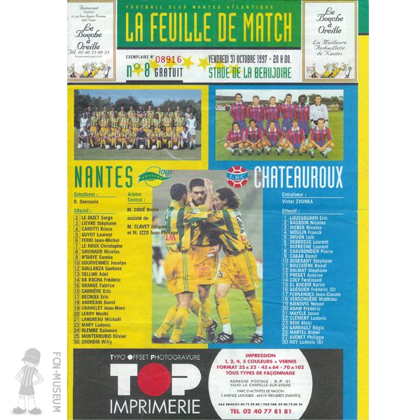 1997-98 14ème j Nantes Châteauroux (Programme)