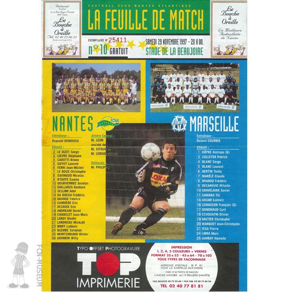 1997-98 18ème j Nantes Marseille (Programme)