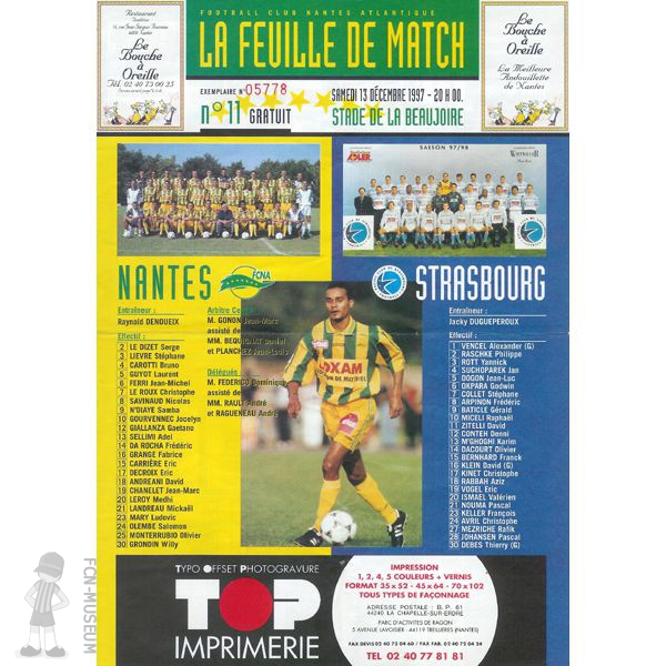 1997-98 20ème j Nantes Strasbourg (Programme)