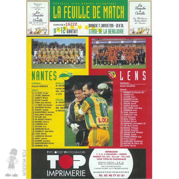 1997-98 22ème j Nantes Lens (Programme)