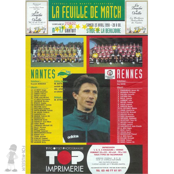 1997-98 33ème j Nantes Rennes (Programme)